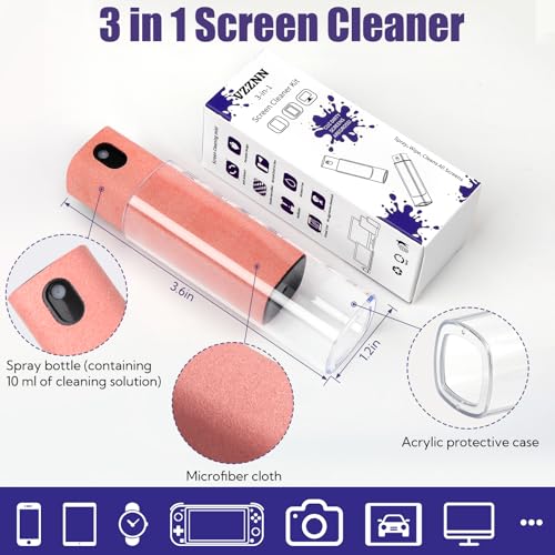 24 Pack Screen Cleaner 3-in-1 Screen Cleaner Spray and Wipe Built-in Cleaning Solution Touchscreen Mist Cleaner for All Car Screen Phone Laptop iPad TV Monitor,Gray+Pink+Black