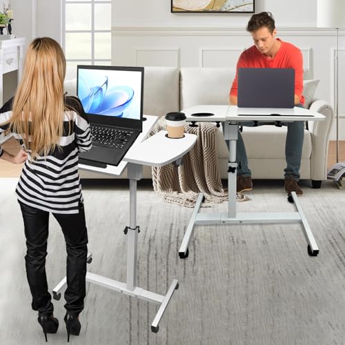 Medical Adjustable Overbed Bedside Table Teacher Podium Laptop Computer Cart Mobile Laptop Desk with 2 Tilting Desktops,Cup Holde,Drawer，Wheels for Office, Home and Classroom (White) - color: White-fba