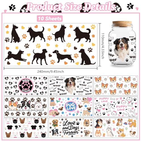 Dogs UV DTF Cup Wraps, 10 Sheets Transfer Sticker | Waterproof UV DTF Stickers, Custom Vinyl Decals for 16oz Coffee Cups Tumblers Bottles Mugs, DIY Gifts & Crafts - style: Dogs