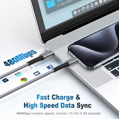 DFLASHS USB-C to USB-C 60W 3FT 3-Pack, Nylon Braided Fast Charging Cable | Compatible with Samsung, iPhone, Pixel, iPad, MacBook. Nylon braided, fast charge. - size: 3FT