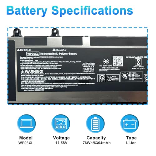 76Wh WP06XL M73470-005 Laptop Battery Replacement for Hp EliteBook 830 835 840 845 860 865 G9 G10 ZBook Firefly 16 G9 G10 EliteBook 865 G11 Series HSTNN-IB9Z M64306-1C1 - size: 13.97*4.52*0.39inch WP06XL