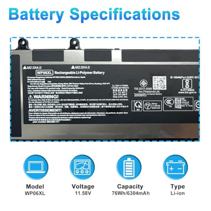 76Wh WP06XL M73470-005 Laptop Battery Replacement for Hp EliteBook 830 835 840 845 860 865 G9 G10 ZBook Firefly 16 G9 G10 EliteBook 865 G11 Series HSTNN-IB9Z M64306-1C1 - size: 13.97*4.52*0.39inch WP06XL