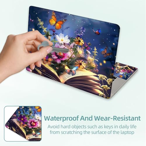 Universal Laptop Skin Decal, 3-Piece Vinyl Protector for 12 13 14 15.6" Notebook, Waterproof Anti-Scratch, Easy Trim & Bubble-Free Finish, Book with Flowers and Butterflies - color: Book with Flowers and Butterflies