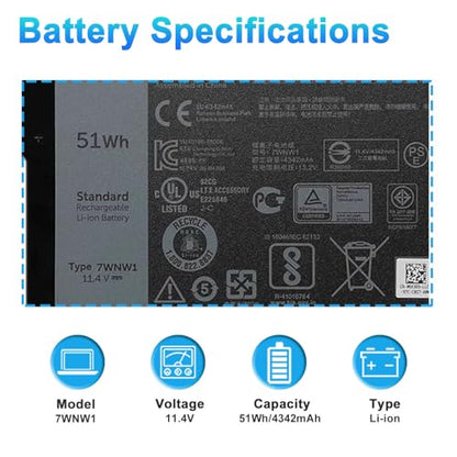 51Wh 7WNW1 Laptop Battery Replacement for Dell Latitude 5420 5424 7424 Rugged Extreme P85G P85G001 P86G P86G001 P137G P137G001 P137G002 Series DMF8C GK3D3 6NNCF DP3KF DMF0C 451-BCHV 11.4V - size: 11.61*7.48*0.98inch 7WNW1