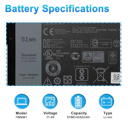 51Wh 7WNW1 Laptop Battery Replacement for Dell Latitude 5420 5424 7424 Rugged Extreme P85G P85G001 P86G P86G001 P137G P137G001 P137G002 Series DMF8C GK3D3 6NNCF DP3KF DMF0C 451-BCHV 11.4V - size: 11.61*7.48*0.98inch 7WNW1