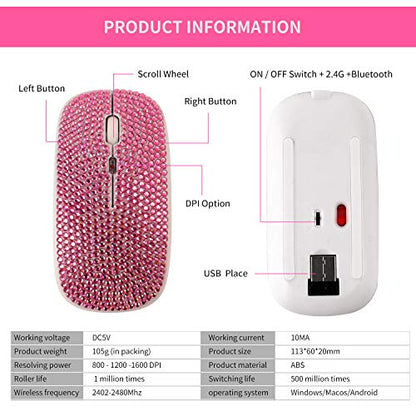 Bluetooth Mouse,Bling Dazzling 2.4GHz Rechargeable Wireless Mouse Slim Mouse with USB Receiver, Compatible with Notebook, PC, Laptop, Computer, MacBook,Great Present idea for Her (Pink) - color: Pink