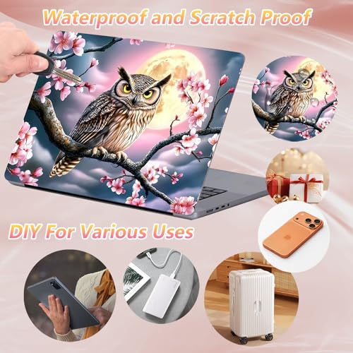 Laptop Skin Sticker Decal 12" 13" 13.3" 14" 15" 15.6",Waterproof Scratch Resistant Vinyl,Reusable Easy to Apply,for MacBook HP Dell Notebooks Netbooks Laptop,2 Wrist Pads,Cherry Blossom Owl - color: Cherry Blossom Owl
