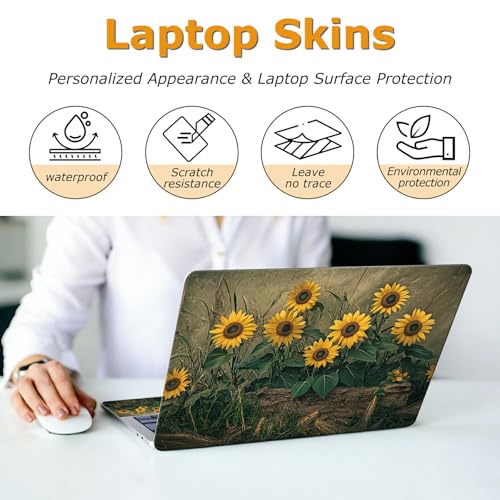 Universal Laptop Skin Sticker with 2 Wrist Pad Decals, 3-Piece Removable Vinyl Laptop Cover, Retro Art Sunflowers Waterproof Anti-Scratch, Easy-Trim Fit for 13.3" 14" 15.6" Laptops - color: Retro Art Sunflowers
