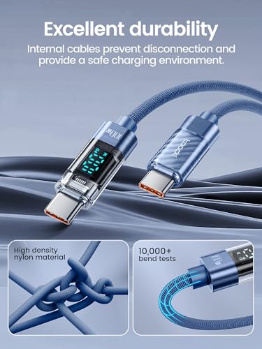 toocki USB C to USB C Cable with LED Display 100W 3.3ft, 2Pack | Fast Charging, Nylon Braided, Blue, Compatible with iPhone 17/16, MacBook Pro, Galaxy S25 - color: Blue, size: 3.3+3.3ft