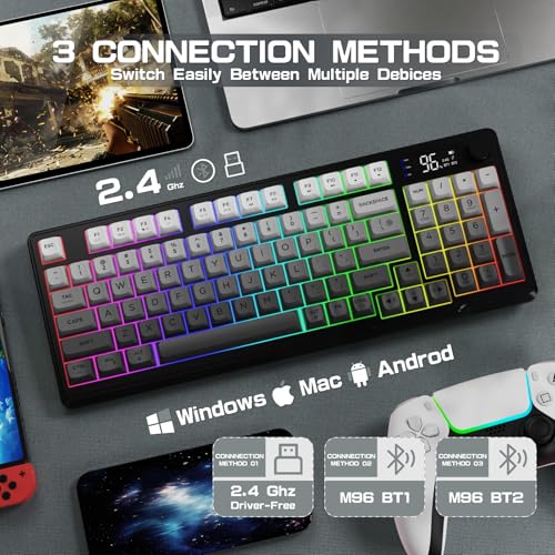 LexonElec M96 Wireless Keyboard, Low Profile Quiet Typing Membrane Gaming Keyboard with Smart Display & Knob, RGB Backlit, USB C Rechargeable, 94 Keys PBT Keycap for Windows PC,Mac,Linux-Moonlit Night - color: Moonlit night
