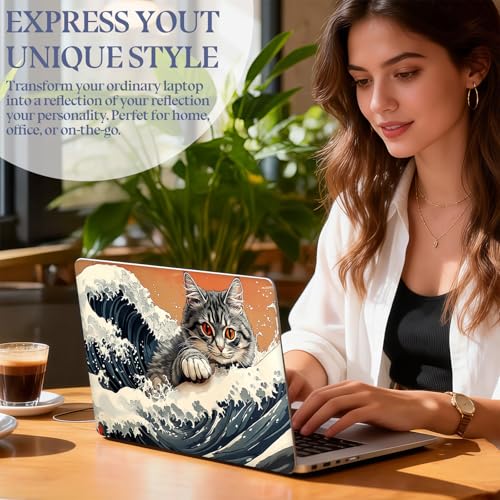 Universal Laptop Skin Sticker Decal,15.6 Inch Laptop Vinyl Cover for 13" 14" 15.6" Laptop,Scratch-Resistant Waterproof Protector Wrap,Reusable with Wrist Pads,Wave Cat - color: Wave Cat