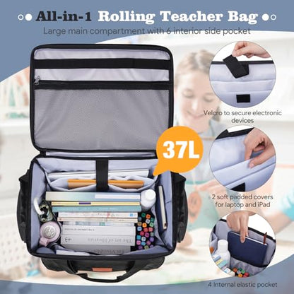 INSMEER Rolling Teacher Bag with Wheels,Wheeled Teacher Tote Bag with Insulated Lunch Bag,with Padded Laptop Compartment - color: Black