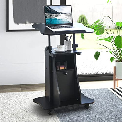 Tangkula Mobile Laptop Podium, Height Adjustable Sit to Stand Desk with Tilting Desktop & Storage Cabinet, Ergonomic Rolling Lectern Cart Laptop Desk, Office Podium Stand on Wheels - color: Black, size: 21.5" x 15.5" x 45"