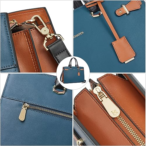 BOSTANTEN Genuine Leather Briefcase for Women 15.6'' Laptop Work Tote Bag | Laptop Compartment, Spacious Interior, Structured, Professional Style, Detachable Shoulder Strap, Office, Business, Commute - color: D-blue
