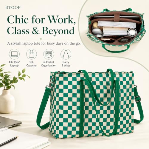 BTOOP Work Tote Bag for Women, Laptop Tote Bag With 15.6 Inch Padded Compartment, Teacher Nurse Bible Bags - color: Green-white Checkered