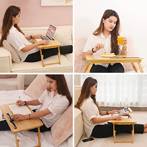 Laptop Desk for Bed, COIWAI Bed Tray,Laptop Lap Desk,Foldable Portable Tray for Sofa Couch Floor, Adjustable Height and Angle, with Tablet Phone Hold Slot,with Storage Drawer - size: 21.7" *13.8" Height/Angle adjust