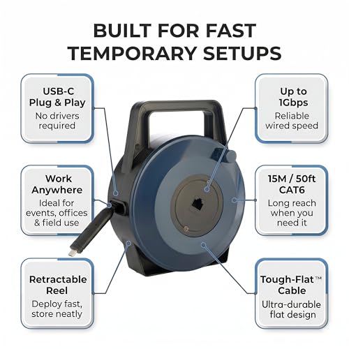 USB-C (Type-C) to Ethernet Cable Reel, 50Ft (15M) CAT6 Tough-Flat™, Up to 1 Gbps, Plug & Play, Truck-Pass Safe, Retractable Cable for Temporary Setups