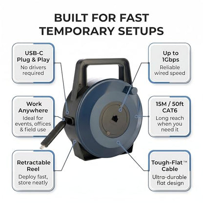 USB-C (Type-C) to Ethernet Cable Reel, 50Ft (15M) CAT6 Tough-Flat™, Up to 1 Gbps, Plug & Play, Truck-Pass Safe, Retractable Cable for Temporary Setups