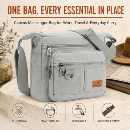 Rfid Crossbody Messenger Bag with Water Bottle Holders, 13 inch Laptop Shoulder Bag, Sling Satchel Purse w/Built-in Wallet - color: Ash Grey