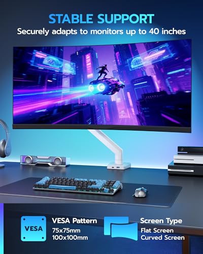 ARES WING Heavy Duty Single Monitor Arm - Fully Adjustable Monitor Mount for 17"-40" Ultrawide Screens up to 26.4 lbs with Clamp/Grommet Desk Mount and USB A/C, 75/100 Vesa Mount, White - color: White, style: With USB