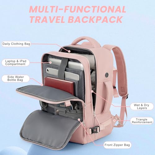 Sinaliy Travel Backpack, Carry on Flight approved Travel Bag with Multi-Pockets, Waterproof 17.3inch Laptop Backpack for Men Women, Pink | Waterproof 17.3 Inch Laptop Backpack with Multi-Pockets, Personal Item Travel Bag for Women Work, College, Business,