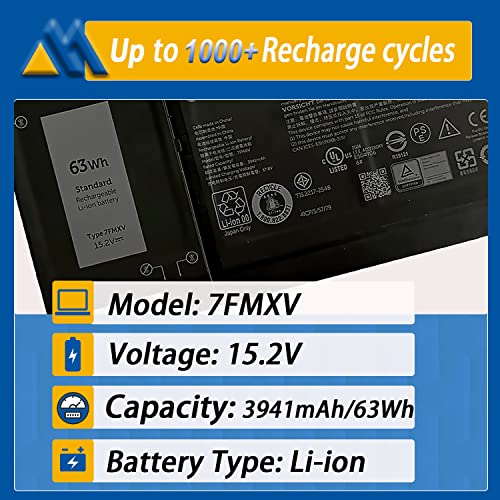 7FMXV 63Wh 4-Cell Laptop Battery Replacement for Latitude 7420 5320 7320 7520 Series TN2GY 0TN2GY 9JM71 4M1JN 1PP63 727CG HDGJ8 MHR4G CN-0727CG CN-0TN2GY 15.2V 3941mAh - size: 9.96*4.10*0.22 inch 7FMXV