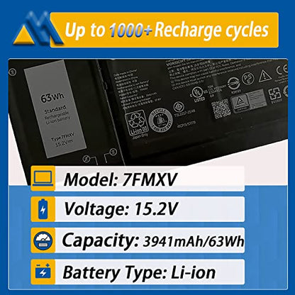 7FMXV 63Wh 4-Cell Laptop Battery Replacement for Latitude 7420 5320 7320 7520 Series TN2GY 0TN2GY 9JM71 4M1JN 1PP63 727CG HDGJ8 MHR4G CN-0727CG CN-0TN2GY 15.2V 3941mAh - size: 9.96*4.10*0.22 inch 7FMXV