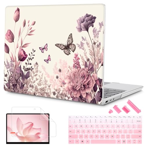 Mektron Case for 13.5" Microsoft Surface Laptop 5/4/3 with Metal Palm Rest Model 1951/1868, 2019/2021/2022 Release Plastic Hard Shell Cover with Screen Protector, Butterfly Flower C074 - color: Butterfly Flower C074
