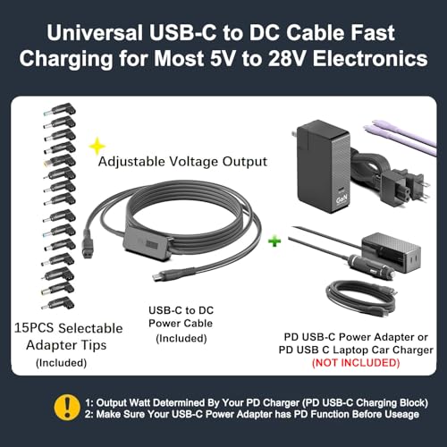 7Ft USB C to DC Adapter with Adjustable Output 5V-9V-12V-15V-20V-28V PD Fast Charging Cable Universal Charger 15PCS Connecor Tips DC Cable Kit Fit for Laptop Chromebook Phone Speaker USB Hub