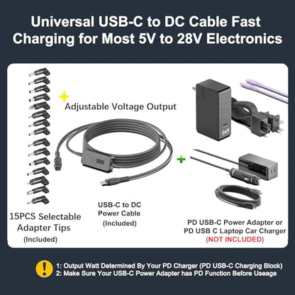 7Ft USB C to DC Adapter with Adjustable Output 5V-9V-12V-15V-20V-28V PD Fast Charging Cable Universal Charger 15PCS Connecor Tips DC Cable Kit Fit for Laptop Chromebook Phone Speaker USB Hub