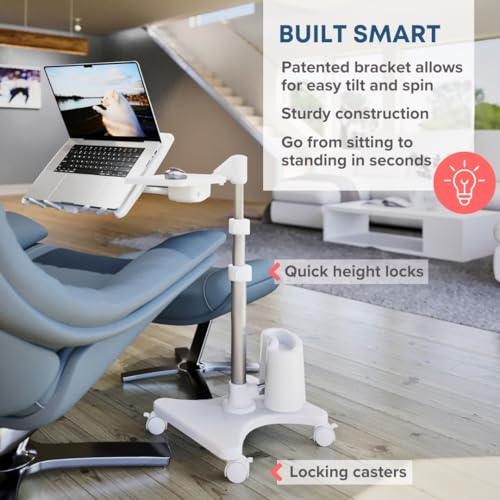 LEVO G2 Deluxe Rolling Laptop Stand with Mouse Tray, Silver & White | Tilting platform, swing arm, locking wheels, heavy-duty overbed workstation for chair, couch, recliner, remote work or gaming - color: White & Silver