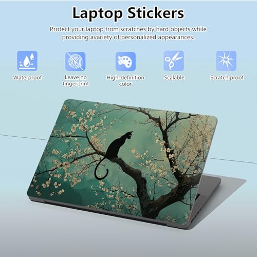 Universal Laptop Skin Sticker with 2 Wrist Pad Skins, Waterproof Scratch Resistant Vinyl Laptop Cover Decal, Cut to Fit for 11–15.6 Inch MacBook HP Dell Lenovo, Black Cat Plum Blossom - color: Black Cat Plum Blossom