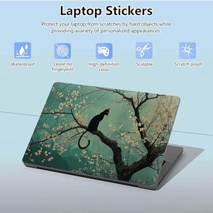 Universal Laptop Skin Sticker with 2 Wrist Pad Skins, Waterproof Scratch Resistant Vinyl Laptop Cover Decal, Cut to Fit for 11–15.6 Inch MacBook HP Dell Lenovo, Black Cat Plum Blossom - color: Black Cat Plum Blossom