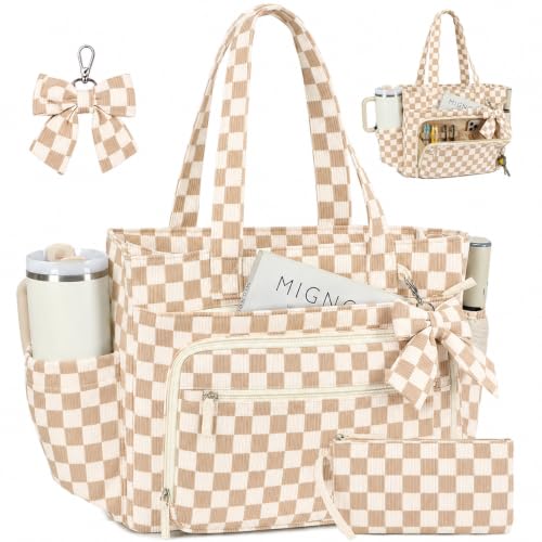BTOOP Work Tote Bag for Women, Laptop Tote Bag With 15.6 Inch Padded Compartment, Teacher Nurse Bible Bags - color: Beige Checkered
