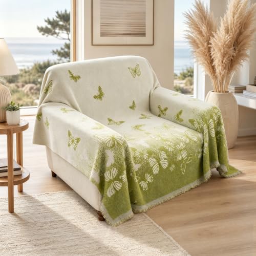 Small Chenille Couch Cover Sage Green Butterfly Reversible Sofa Slipcover with Tassel, Non Slip Chair Furniture Protector Blanket for Cat Dog Scratch, Washable Throw for Armchair Single Seat - color: Green Butterfly, size: 71"x 71"