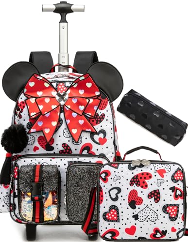 Meetbelify Backpack with Wheels for Girls Rolling Backpack Cute Carry on Backpack Kids Luggage with Lunch Box Pencil Case for Elementary Student - color: Bowknot Red
