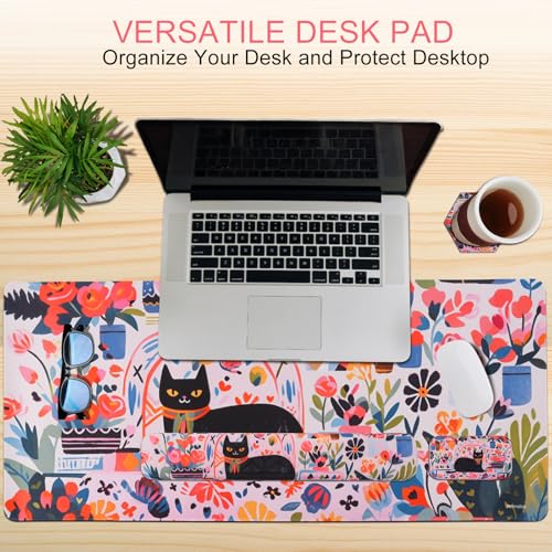 Petmolico 4-in-1 Wrist Rest Set with Desk Pad, Cat and Flowers | Non-slip PU base, soft Lycra & memory foam, ergonomic pain relief, great for home/office - color: Rose