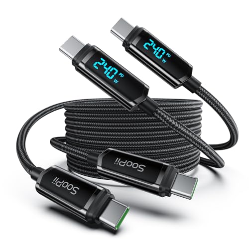 SOOPII USB C to USB C Cable [10ft/2Pack], 240W USB C Cable,Nylon Braided Type C Fast Charging Cables with LED Display for lPhone 16/15 Pro Max, Galaxy S25/S24, MacBook Pro/Air, iPad, Laptop,Black - color: Black, size: 10FT-2Pack 240W