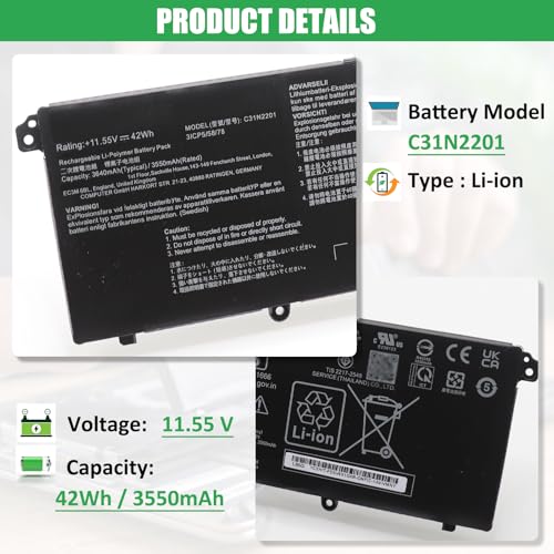 C31N2201 Laptop Battery Replacement for ASUS Vivobook 15 X1504VA X1504ZA Go 15 E1504FA E1504GA 14 OLED X1405VA 16 OLED M1605YA X1605EA X1605PA X1605ZA 14X OLED X1403VA 15X OLED M3504YA 11.55V - size: 10.61*2.82*0.19inch C31N2201