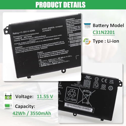C31N2201 Laptop Battery Replacement for ASUS Vivobook 15 X1504VA X1504ZA Go 15 E1504FA E1504GA 14 OLED X1405VA 16 OLED M1605YA X1605EA X1605PA X1605ZA 14X OLED X1403VA 15X OLED M3504YA 11.55V - size: 10.61*2.82*0.19inch C31N2201