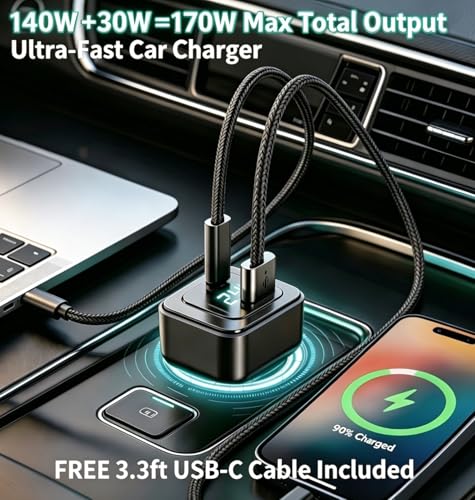 170W USB C Car Charger, PD3.1 140W + 30W Dual-Port Fast Charging Adapter with 240W USB-C Cable, Smart Digital Voltage/Power Display, 12V-24V for MacBook Pro/Air, iPhone 17/16, Galaxy S26/S25, iPad