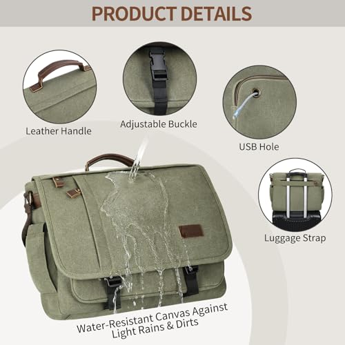 ESTARER Men's Messenger Bag 17.3 Inch, Water-resistant Canvas Laptop Bag, Computer Shoulder Bag for College Travel Work, Army Green - color: 17.3" Buckle-army Green