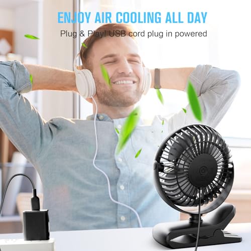 BESKAR Small Clip on Fan, 3 Speeds USB Fans with Strong Airflow, Clip & Desk Fans USB Plug in with Sturdy Clamp - Ultra Quiet operation for Office Dorm Bedroom Stroller - color: Dark Black