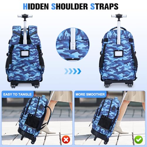ACESAK Camo Rolling Backpack Boys, Tactical Kids Backpack Boys, Kids Suitcase for Boy Teens Elementary Middle High School, Military Backpack with Wheels and Lunch Bag Pencil Case Set (Camo Blue) - color: Camo Blue