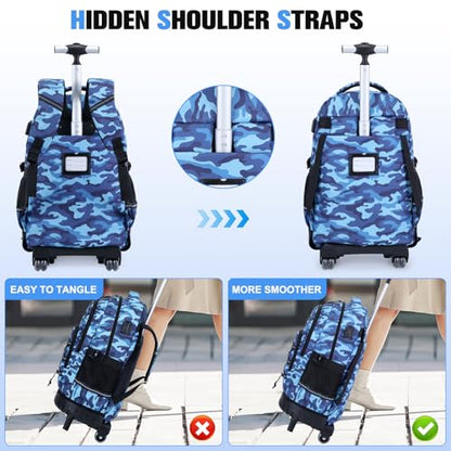 ACESAK Camo Rolling Backpack Boys, Tactical Kids Backpack Boys, Kids Suitcase for Boy Teens Elementary Middle High School, Military Backpack with Wheels and Lunch Bag Pencil Case Set (Camo Blue) - color: Camo Blue