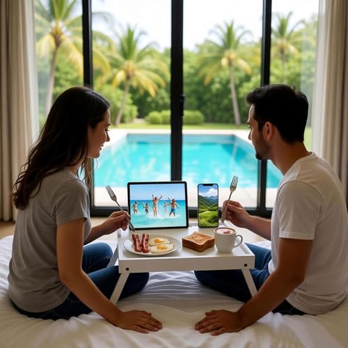 Bed Table Trays for Eating, Bamboo Breakfast Food Tray Table with Media Slot for Bed and Snack, Laptops, Sofa(White, Medium) - color: White