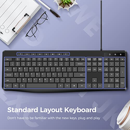 Virfour Wired USB Computer Keyboard, Quiet Keyboard with Multimedia Keys | Virfour Silent Keyboard with Low Profile Chiclet Keys,Spill-Resistant, Anti-Wear Letters,Full Size for Laptop,Desktop