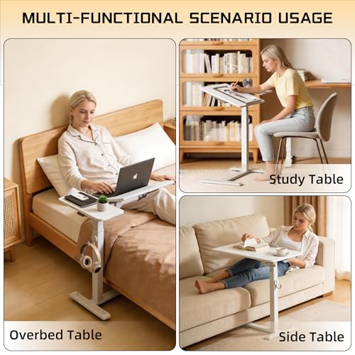 ETHU Foldable Overbed Table with Wheels, Rolling Laptop Standing Desk with Height Adjustable 26.77”-42.51” & Tilting Desktop, Mobile Work Desk for Bedside, Sofa and Home Office Use, White