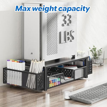 Simple Trending Desk Organizer, Computer Monitor Stand Riser, Black | Metal Laptop & Printer Stand, Desktop Organizer with Drawer & 2 Pen Holders, Anti-Slip Pads, 18.5"W x 9.5"D x 4.75"H - size: 18.5"W x 9.5"D x 4.75"H