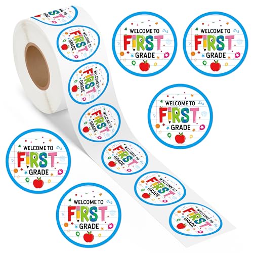 Haooryx Back to School Stickers - 500Pcs Welcome to 1st Grade Laptop Water Bottle Sticker Rolls First Day of School Self Adhesive Activity Pad Student Teacher Scrapbook Supplies Greeting Card Making - style: Welcome to 1st Grade